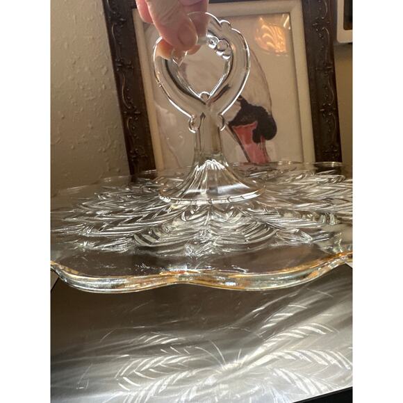 Vtg Mid Century Jeannette Feather Leaf Tidbit Tray Platter Gold Trim Retro Glass - Picture 4 of 10